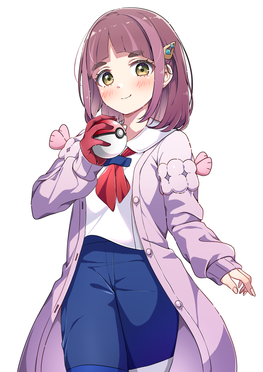 1girl, arched_bangs, blue_pants, blush, buttons, closed_mouth, coat, collared_shirt, commentary_request, cowboy_shot, eyelashes, gloves, hair_ornament, hairclip, hand_up, highres, holding, holding_poke_ball, kei_(0497), lacey_(pokemon), looking_at_viewer, medium_hair, nintendo, open_clothes, open_coat, pants, partially_fingerless_gloves, poke_ball, poke_ball_(basic), pokemon, pokemon_scarlet_and_violet, purple_hair, red_gloves, shirt, single_glove, smile, solo, white_background, white_shirt, yellow_eyes