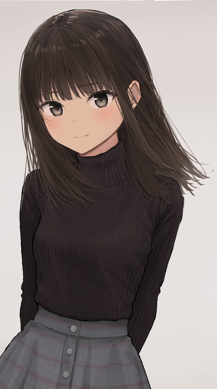 1girl, akipeko, black_eyes, black_sweater, blush, breasts, brown_hair, button_up_skirt, closed_mouth, cowboy_shot, grey_background, grey_skirt, highres, light_smile, long_hair, long_sleeves, looking_at_viewer, original, sidelocks, simple_background, skirt, small_breasts, solo, sweater, sweater_tucked_in, turtleneck, turtleneck_sweater