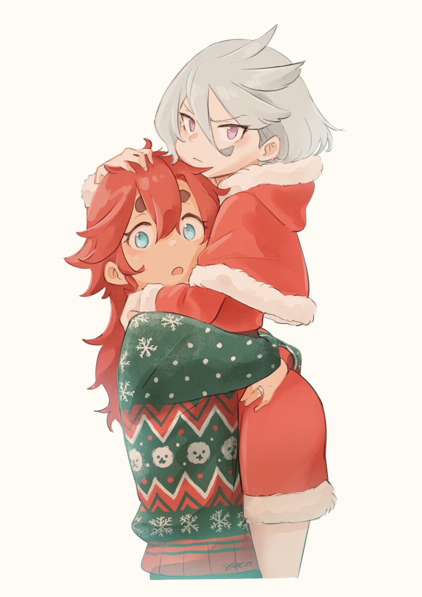 2girls, absurdres, annoyed, blue_eyes, capelet, christmas, christmas_sweater, closed_mouth