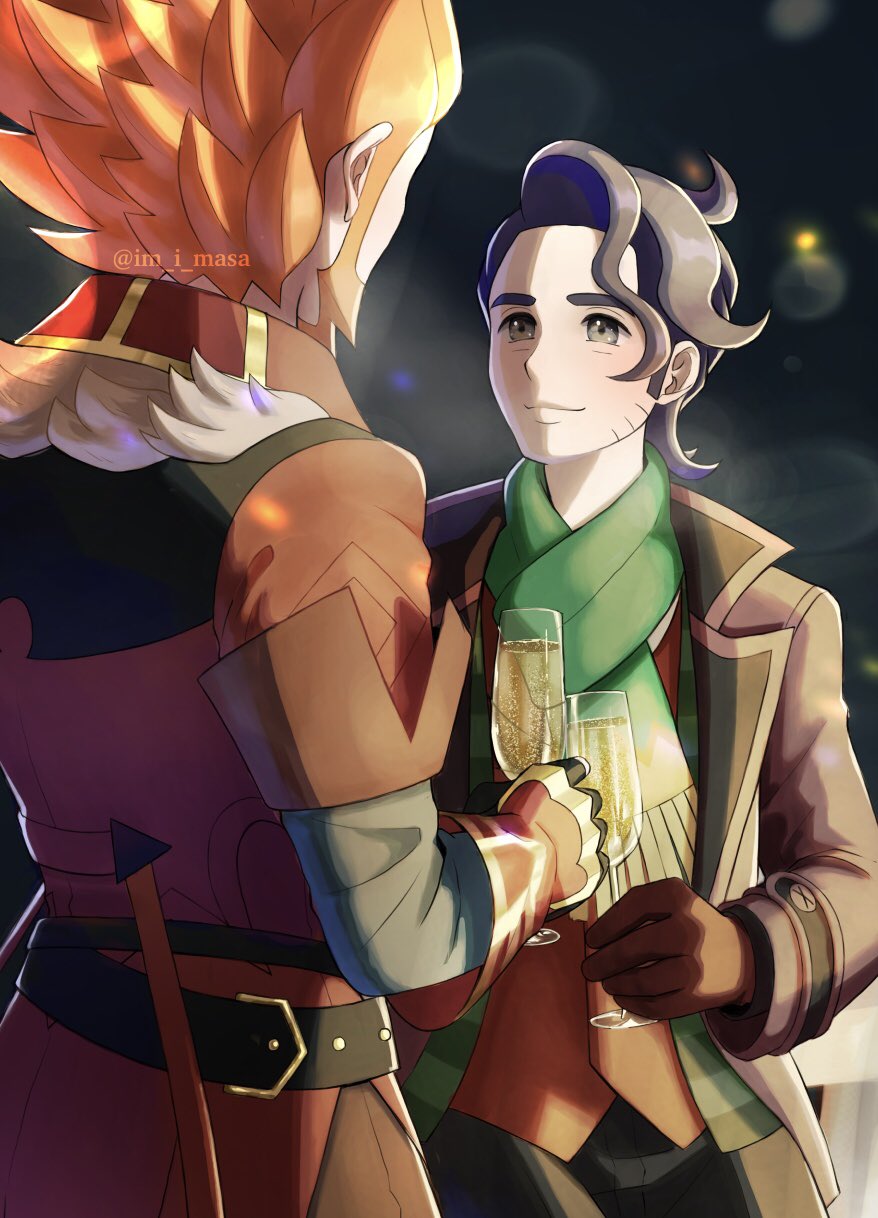 2boys, alcohol, belt, black_hair, champagne, closed_mouth, commentary_request, curly_hair