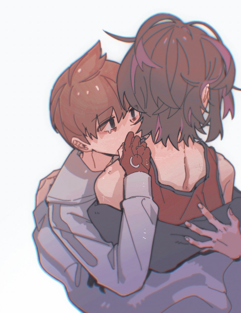 2boys, ahoge, bare_shoulders, commentary_request, crying, crying_with_eyes_open, fingerless_gloves, florian_(pokemon)