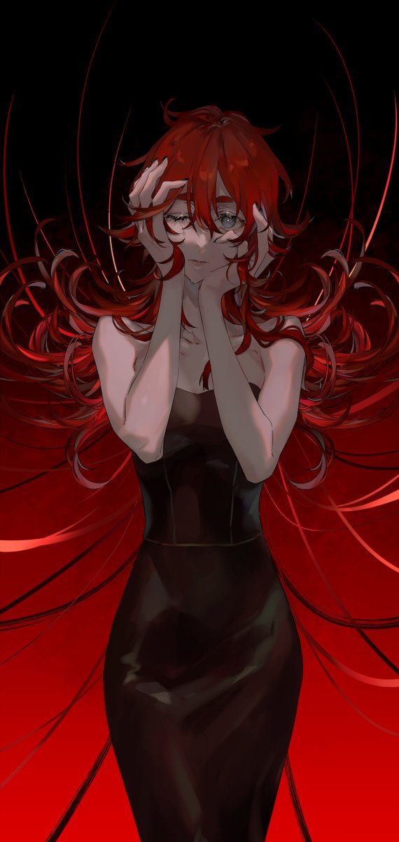 1girl, bare_shoulders, black_dress, blue_eyes, dark, dress, expressionless, eyelashes