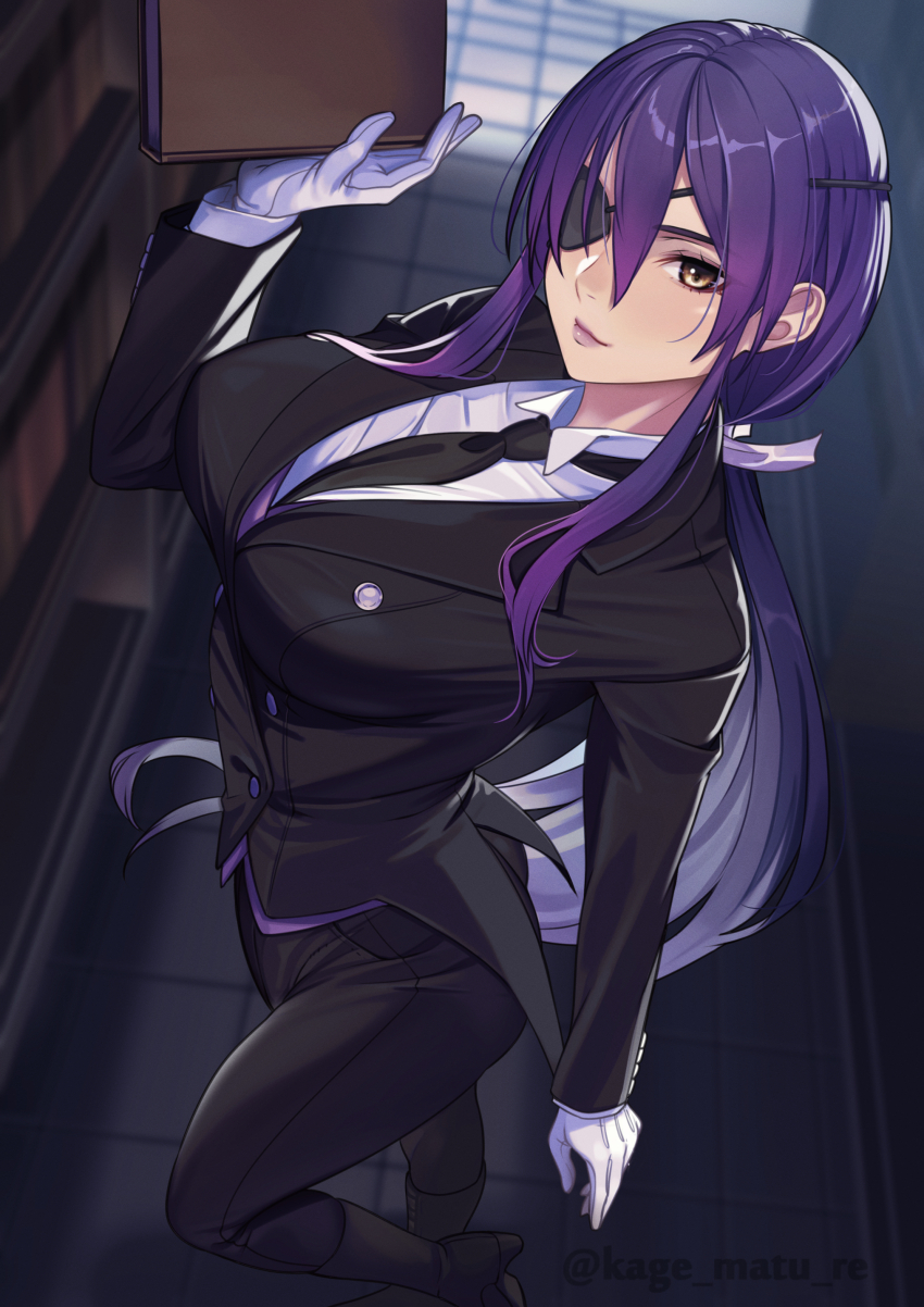 1girl, absurdres, book, breasts, brown_eyes, commentary, commentary_request, eyepatch, formal_clothes, full_body, gloves, highres, kagematsuri, large_breasts, long_bangs, long_hair, necktie, purple_hair, shelving_book, shiki_reika, smile, solo, suit, taimanin_(series)