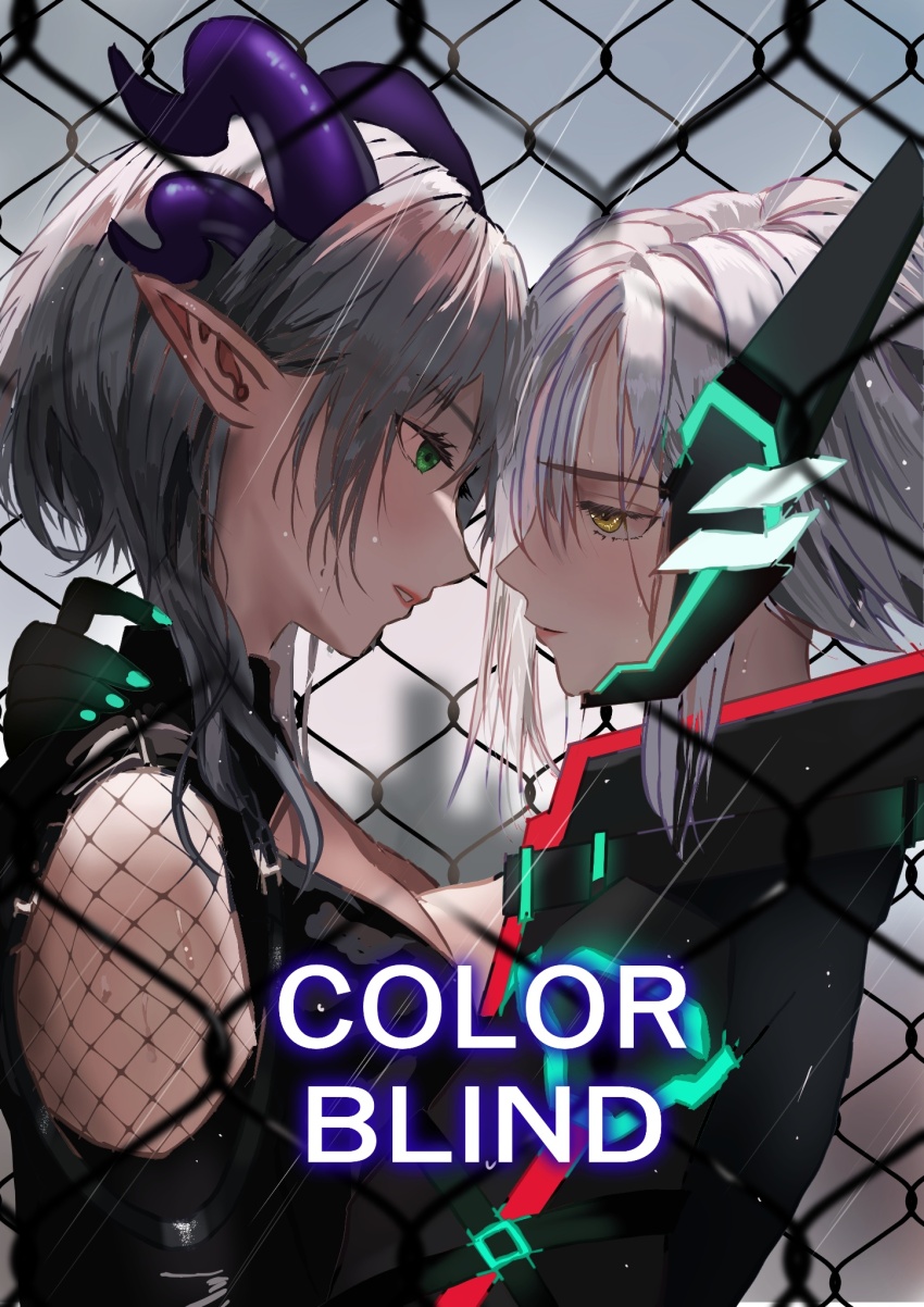 2girls, apricot_the_lich, black_gloves, black_jacket, blush, breast_press, chain-link_fence, cleavage_cutout