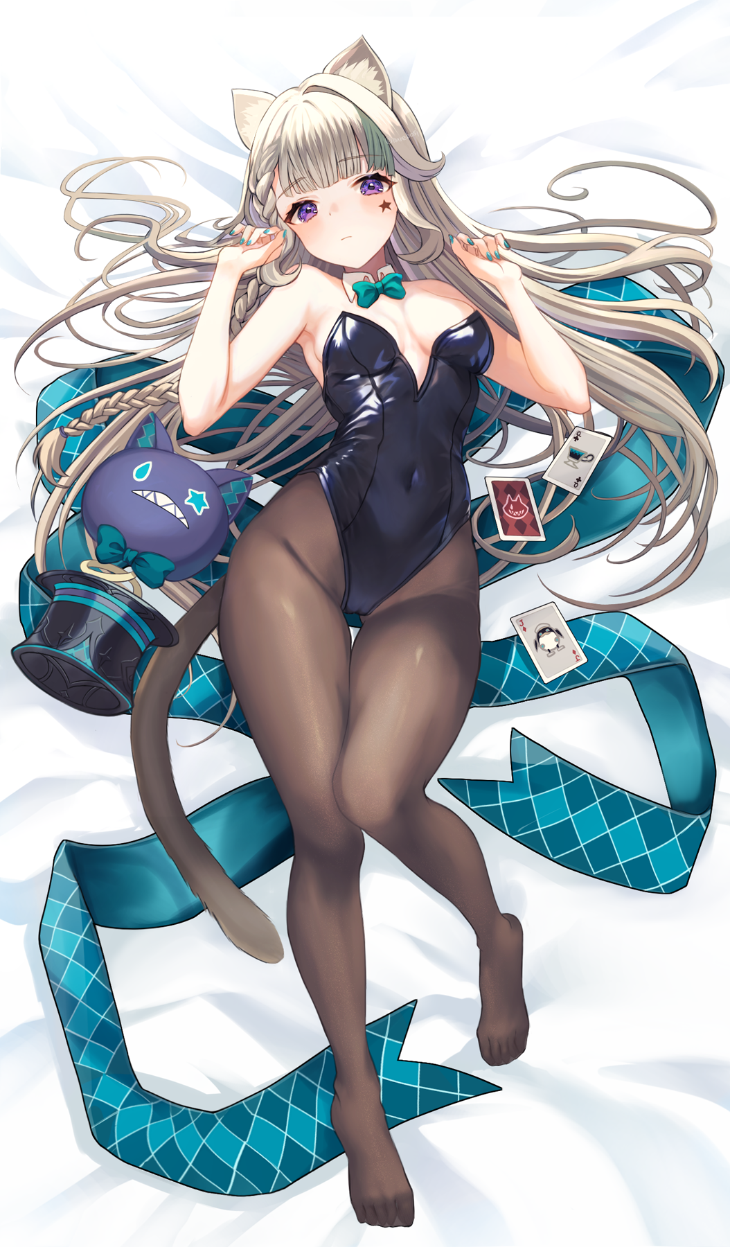 1girl, alternate_costume, animal_ear_fluff, animal_ears, black_leotard, black_pantyhose, bow, cat_ears, cat_girl, cat_tail, closed_mouth, facial_mark, feet, full_body, genshin_impact, hat, highres, kittysuit, knees_together_feet_apart, legs, leotard, long_hair, lynette_(genshin_impact), marekamico, no_shoes, nontraditional_playboy_bunny, pantyhose, purple_eyes, solo, star_(symbol), star_facial_mark, strapless, strapless_leotard, tail, toes