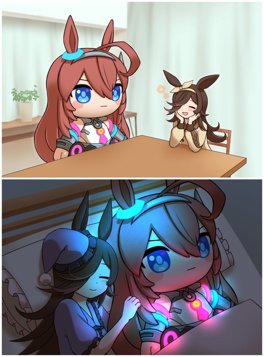 1girl, ahoge, animal_ears, armlet, bed, blanket, blonde_hair, blush, blush_stickers, border, bow, brown_hair, brown_sweater, casual, character_doll, commentary_request, curtains, detached_sleeves, doll, doqute_doll_photoshoot_parody_(meme), doqute_stuffed_doll, ear_ornament, glowing, grey_leotard, hat, head_rest, highres, horse_ears, horse_girl, indoors, jewelry, leotard, long_hair, meme, mihono_bourbon_(umamusume), necktie, nightcap, official_alternate_costume, on_bed, one_eye_closed, open_mouth, oversized_object, pajamas, pillow, pink_necktie, plant, pom_pom_(clothes), potted_plant, purple_headwear, purple_pajamas, rice_shower_(umamusume), roppaku, sitting, sleeping, smile, sweater, table, umamusume, white_border, white_bow