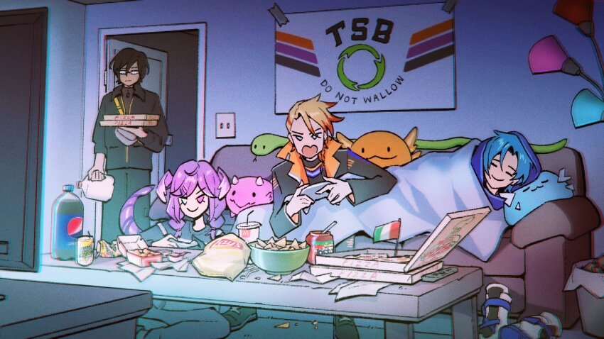 1girl, 3boys, altventurer_(regis_altare), axel_syrios, axelotl_(axel_syrios), black_hair, black_jacket, blonde_hair, blue_eyes, blue_hair, bottle, chips_(food), dragoon_(selen_tatsuki), food, glasses, head_wings, heterochromia, highres, holding, holding_food, holding_pizza, holostars, holostars_english, indoors, italian_flag, jacket, long_hair, multicolored_hair, multiple_boys, nijisanji, nijisanji_en, odette_px, oh_nocturnal, pizza, purple_eyes, purple_hair, red_hair, regis_altare, selen_tatsuki, short_hair, snake, soda, soda_bottle, two-tone_hair, virtual_youtuber, wings