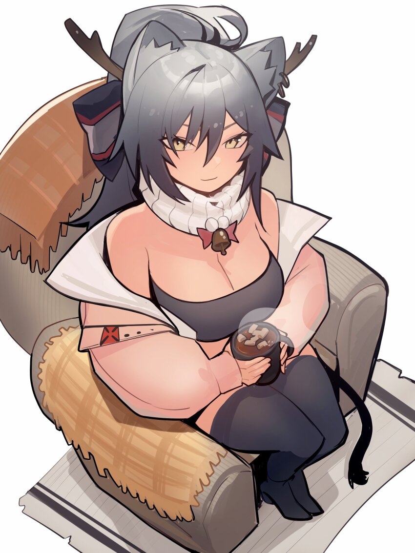 1girl, absurdres, animal_ears, arknights, armchair, bandeau, bare_shoulders, black_thighhighs, breasts, cat_ears, chair, cleavage, commentary, cup, distr, fake_antlers, grey_hair, highres, holding, holding_cup, hot_chocolate, jacket, large_breasts, long_hair, long_sleeves, looking_at_viewer, mug, off_shoulder, official_alternate_costume, pink_jacket, ponytail, scarf, schwarz_(arknights), schwarz_(presents)_(arknights), simple_background, sitting, smile, solo, strapless, thighhighs, tube_top, white_background, white_scarf, yellow_eyes