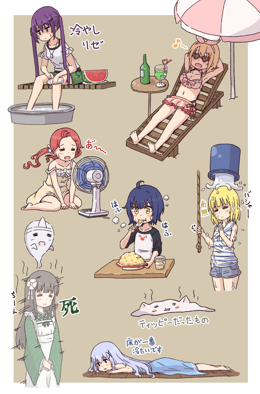 6+girls, ahoge, ama_usa_an_uniform, apron, bare_arms, bare_legs, bare_shoulders, barefoot, beach_chair, beach_umbrella, bikini, bikini_skirt, blonde_hair, blue_dress, blue_hair, blue_shorts, blunt_bangs, blush, border, bottle, bow, breasts, brown_background, brown_hair, bucket, cleavage, closed_eyes, closed_mouth, collarbone, commentary_request, crazy_straw, cup, dog_tags, dress, drinking_glass, drinking_straw, eating, electric_fan, facing_viewer, flat_chest, flower, food, fried_rice, frilled_apron, frilled_dress, frills, fruit, full_body, ghost, giving_up_the_ghost, gochuumon_wa_usagi_desu_ka?, green_kimono, green_ribbon, green_shorts, hair_between_eyes, hair_flower, hair_ornament, hair_ribbon, hair_scrunchie, hairband, hairclip, hand_rest, heart, heart-shaped_eyewear, heart_straw, highres, holding, holding_bottle, holding_rope, hoto_cocoa, japanese_clothes, jouga_maya, kafuu_chino, kimono, kirima_syaro, layered_bikini, light_blue_hair, long_hair, long_sleeves, looking_at_viewer, low_twintails, lying, maid_apron, medium_breasts, melting, mohei, multiple_girls, musical_note, natsu_megumi, navel, off_shoulder, on_back, on_floor, on_stomach, open_mouth, orange_hair, own_hands_together, pink_bikini, pink_bow, pink_hairband, plaid_clothes, plaid_dress, plate, polka_dot_trim, purple_eyes, purple_hair, red-framed_eyewear, red_hair, ribbon, rope, sailor_collar, scrunchie, shamoji, shirt, short_hair, short_sleeves, shorts, sidelocks, simple_background, sitting, sleeveless, sleeveless_dress, sleeveless_shirt, small_breasts, soaking_feet, splashing, standing, steam, striped_bikini, striped_clothes, striped_hairband, striped_kimono, striped_shirt, sunglasses, sweatdrop, swimsuit, table, tedeza_rize, tippy_(gochiusa), translation_request, twintails, two-tone_shirt, ujimatsu_chiya, umbrella, vertical-striped_bikini, vertical-striped_clothes, vertical-striped_kimono, wariza, washbowl, water, water_bottle, watermelon, watermelon_slice, wavy_hair, wet, white_apron, white_border, white_flower, white_ribbon, white_sailor_collar, white_scrunchie, white_shirt, wide_sleeves, x_hair_ornament, yellow_dress, yellow_eyes, |_|