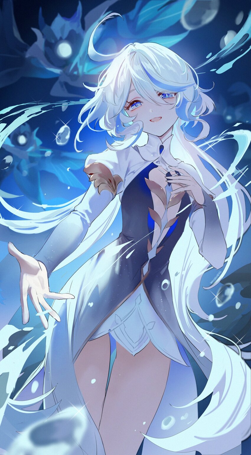 0jae, 1girl, absurdres, ahoge, blue_eyes, blue_hair, cowlick, dress