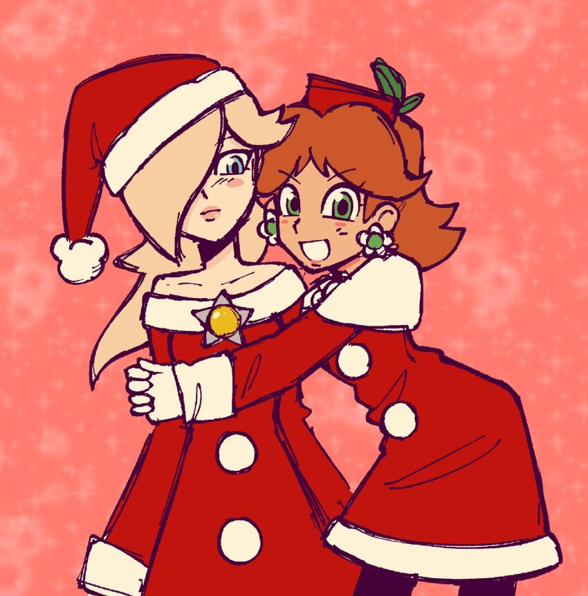 2girls, alternate_costume, blue_eyes, blue_hair, blush, breasts, brown_hair, christmas