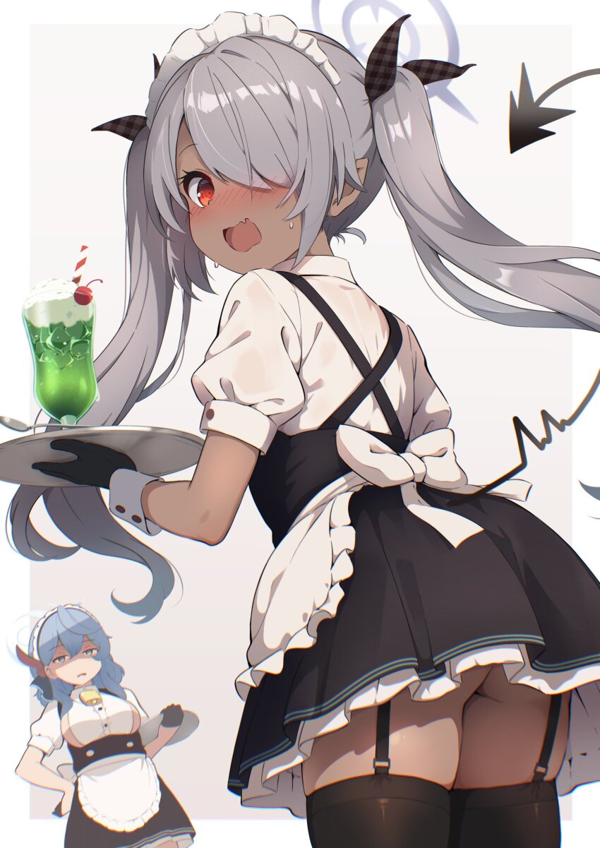 2girls, absurdres, ako_(blue_archive), apron, black_dress, black_gloves, black_ribbon, black_thighhighs