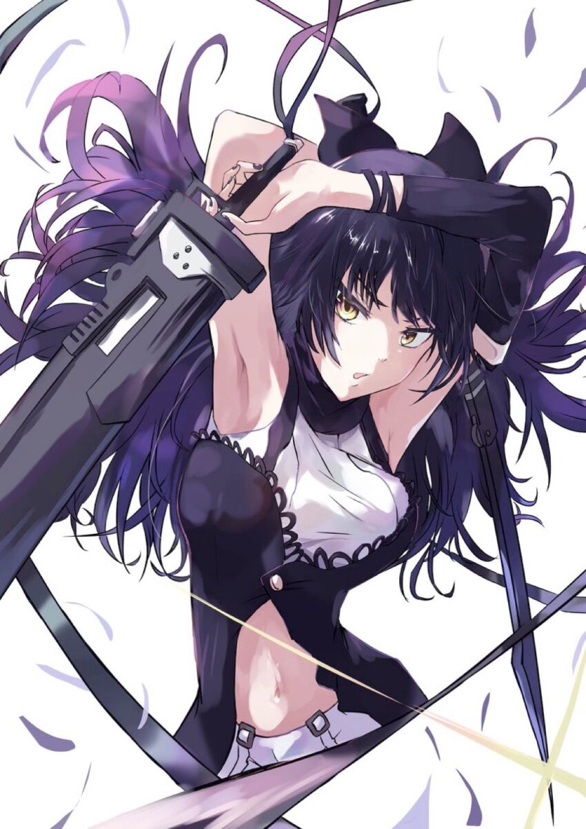 1girl, armpits, black_hair, blake_belladonna, bow, breasts, detached_sleeves, dual_wielding