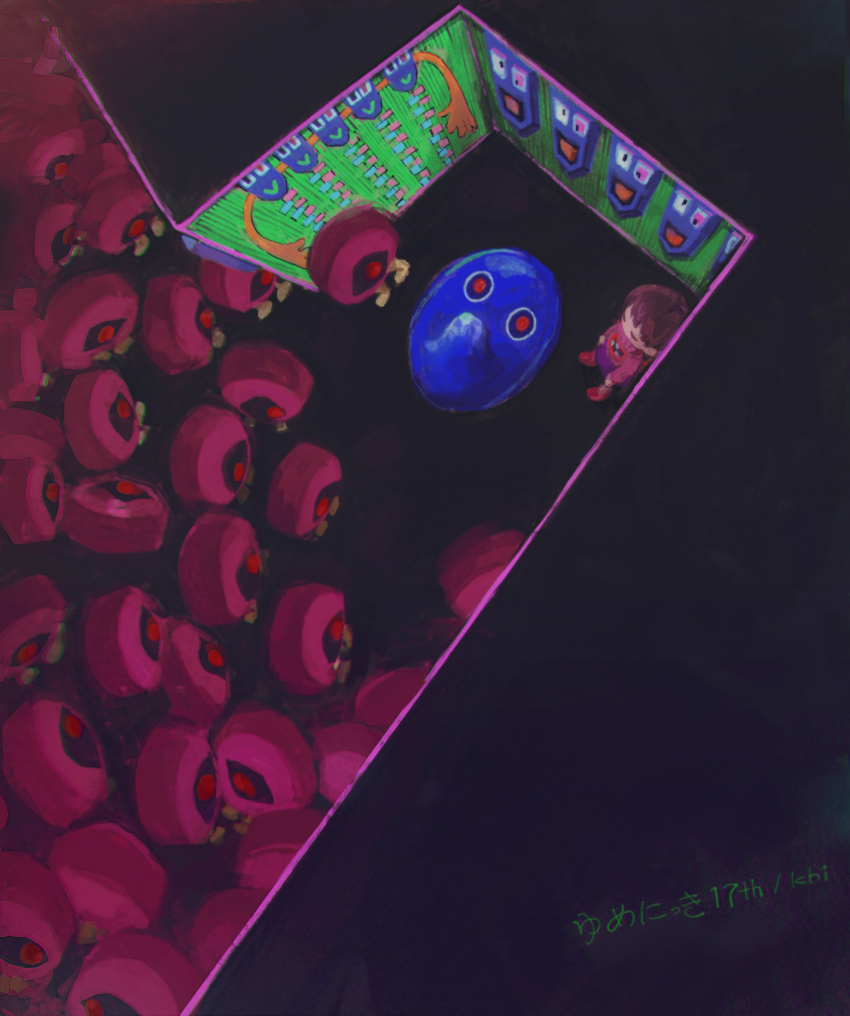 1girl, anniversary, brown_hair, chibi, closed_eyes, commentary_request, copyright_name, crowd