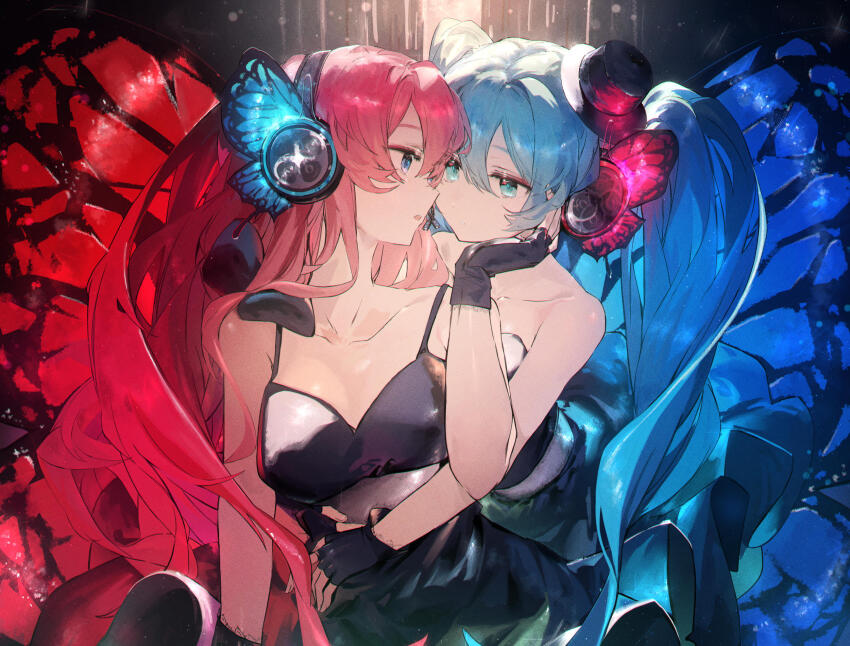 2girls, black_dress, black_gloves, black_headwear, blue_eyes, blue_hair, breasts, butterfly_wings