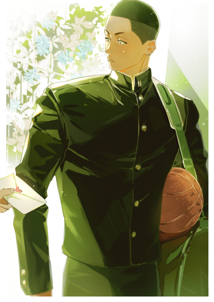 1boy, 1other, bag, ball, basketball_(object), black_eyes, black_hair, black_jacket