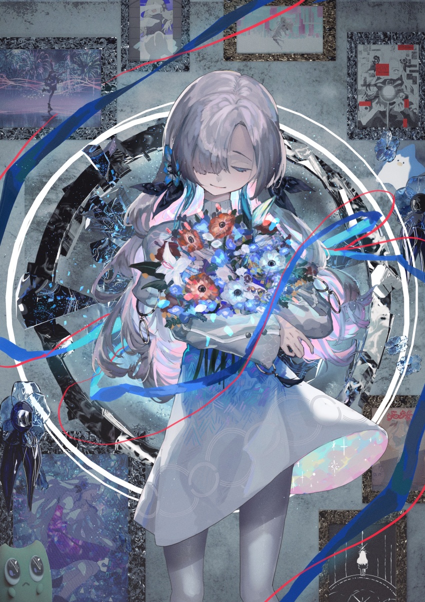 1girl, absurdres, blue_dress, blue_flower, blue_hair, blue_ribbon, bouquet, closed_eyes