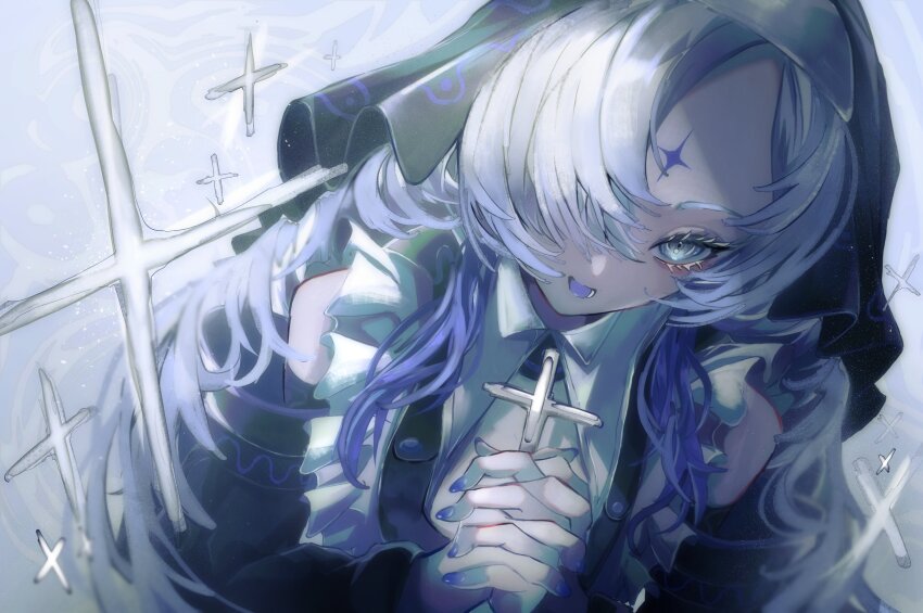 1girl, absurdres, alternate_costume, black_dress, blue_hair, cross, dress, facial_mark, forehead_mark, grey_eyes, grey_hair, habit, hair_over_one_eye, highres, holding, holding_cross, interlocked_fingers, isekaijoucho, kamitsubaki_studio, long_hair, looking_at_viewer, multicolored_hair, nun, nun_headdress, open_mouth, own_hands_clasped, own_hands_together, smile, solo, two-tone_hair, twok, upper_body, virtual_youtuber