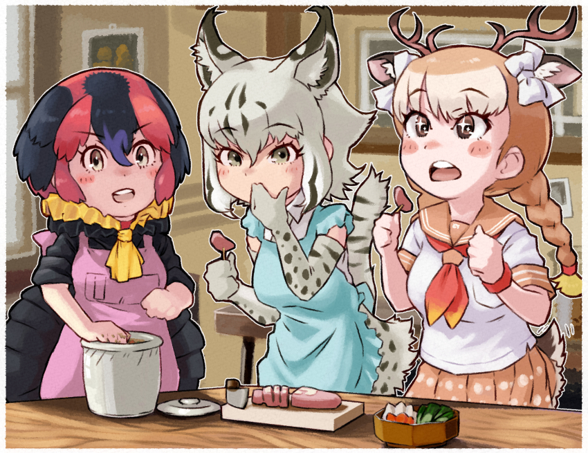 +_+, 3girls, animal_ears, antlers, apron, australian_brushturkey_(kemono_friends), bird_girl, bird_wings
