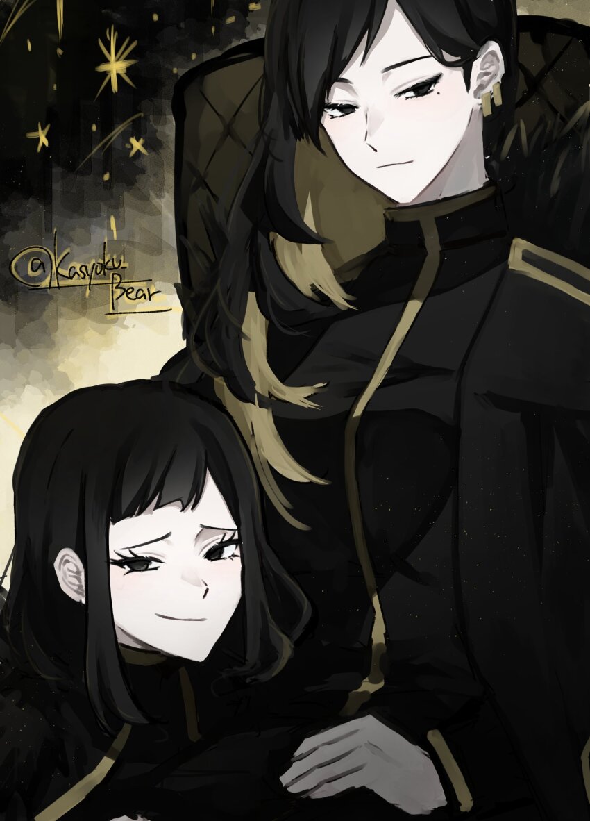 2girls, absurdres, binah_(project_moon), black_cape, black_dress, black_eyes, black_hair, cape