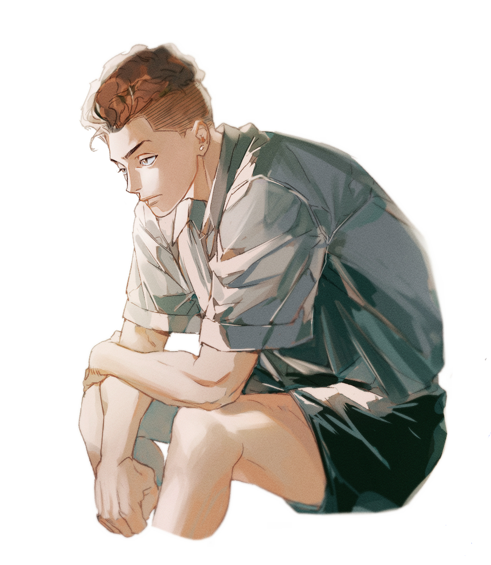 1boy, black_shorts, brown_eyes, brown_hair, closed_mouth, cropped_legs, dark-skinned_male, dark_skin