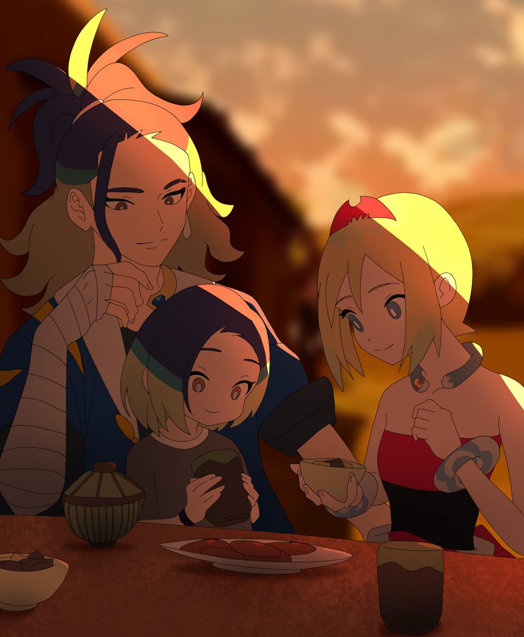 1boy, 2girls, adaman_(pokemon), aged_down, arm_wrap, bare_shoulders, blonde_hair, blue_eyes, blue_hair, blurry, blurry_background, brown_eyes, cup, eyebrow_cut, highres, holding, holding_cup, irida_(pokemon), mcdonald's, multicolored_hair, multiple_girls, nintendo, outdoors, parody, perrin_(pokemon), plate, pokemon, pokemon_legends:_arceus, pokemon_scarlet_and_violet, ringotashi, shirt, smile, split_mouth, strapless, strapless_shirt, two-tone_hair, yoru_mac