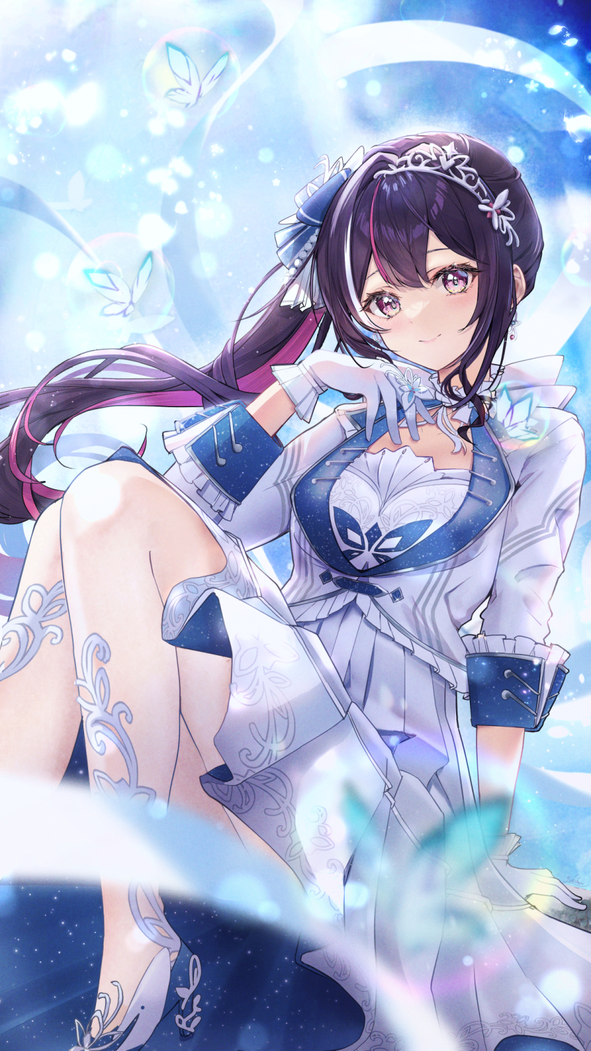 1girl, azki_(dress)_(hololive), azki_(hololive), black_hair, blush, breasts, closed_mouth, colored_inner_hair