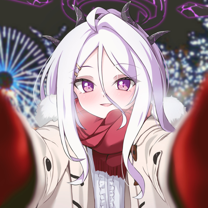 1girl, :d, alternate_costume, amusement_park, blue_archive, blurry, brown_coat, casual, coat, commentary_request, dating, demon_girl, demon_horns, depth_of_field, ferris_wheel, hair_between_eyes, hair_ornament, hairclip, halo, highres, hina_(blue_archive), horns, long_hair, long_sleeves, looking_at_viewer, meme, mittens, mochizuki_hull, night, open_clothes, open_coat, open_mouth, parted_lips, pov, pov_cheek_warming_(meme), purple_eyes, reaching, reaching_towards_viewer, red_mittens, red_scarf, scarf, sidelocks, sky, smile, solo, very_long_hair, visible_air, wavy_hair, white_hair, winter_clothes, winter_coat