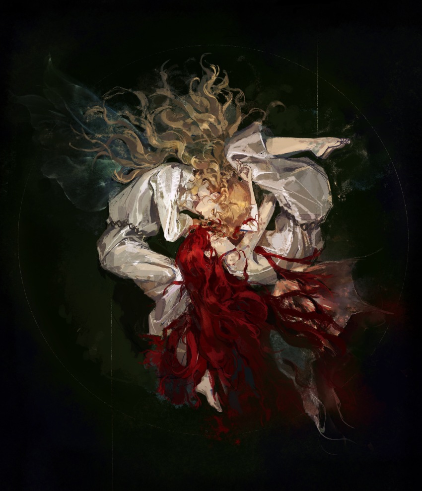 1boy, 1girl, absurdres, bare_arms, bare_shoulders, barefoot, black_background, blonde_hair