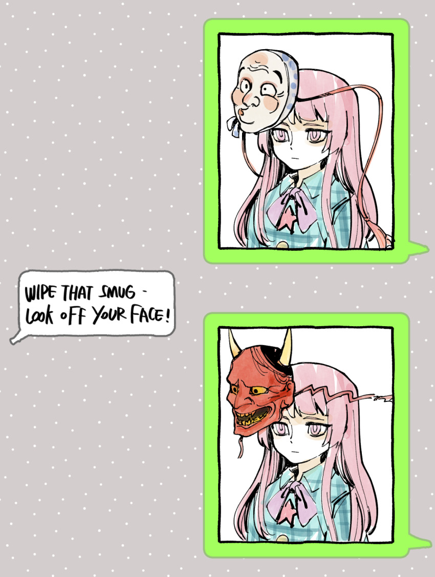 1girl, blue_shirt, bow, bowtie, chat_log, english_text, expressionless, gretia