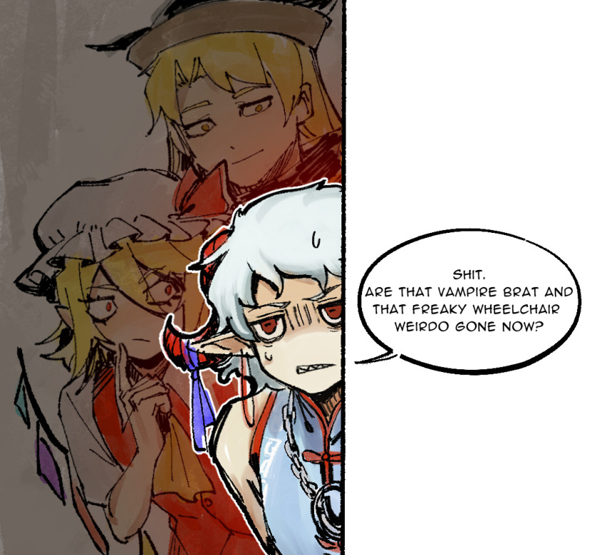 3girls, ascot, black_headwear, blonde_hair, blue_ribbon, blue_shirt, chain, crystal