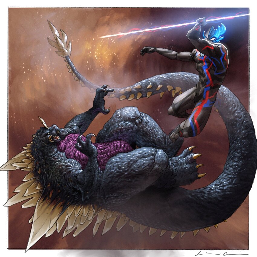 1boy, abs, alien, blue_electricity, body_markings, claws, crest, crossover