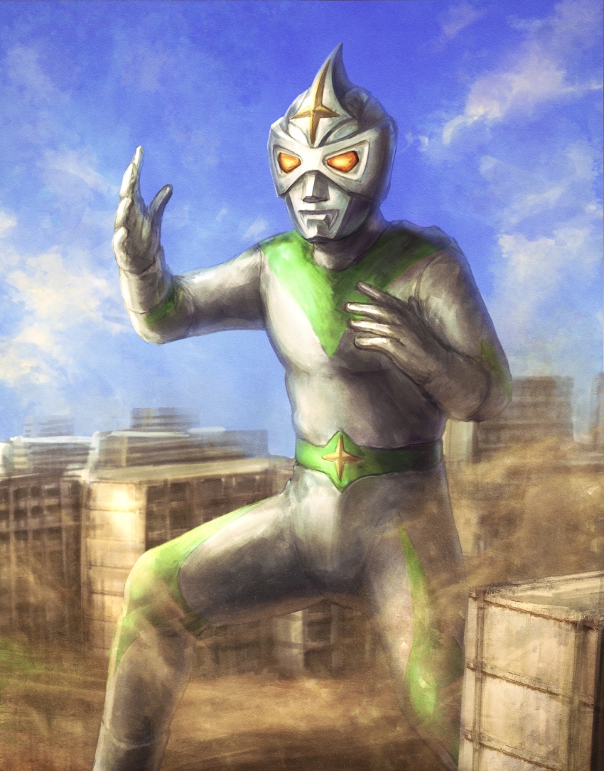 1boy, absurdres, alien, blue_sky, building, city, cloud, crest, cross, day, dust, fighting_stance, giant, glowing, glowing_eyes, highres, kaijin, mirrorman, mirrorman_(series), no_humans, no_pupils, robuja, seijin, sky, superhero_costume, tsuburaya_productions, yellow_eyes