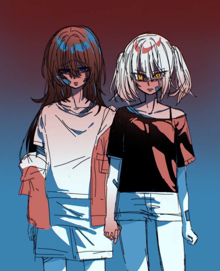 2girls, bandaid, bandaid_on_face, belorta_(nikke), blue_eyes, brown_hair, buurn_dokaan_(nack), goddess_of_victory:_nikke