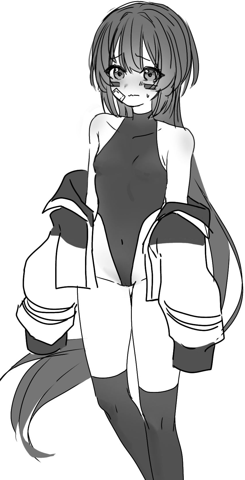 bandaid, bandaid_on_cheek, bandaid_on_face, bare_shoulders, blush, breasts, buurn_dokaan_(nack), facepaint