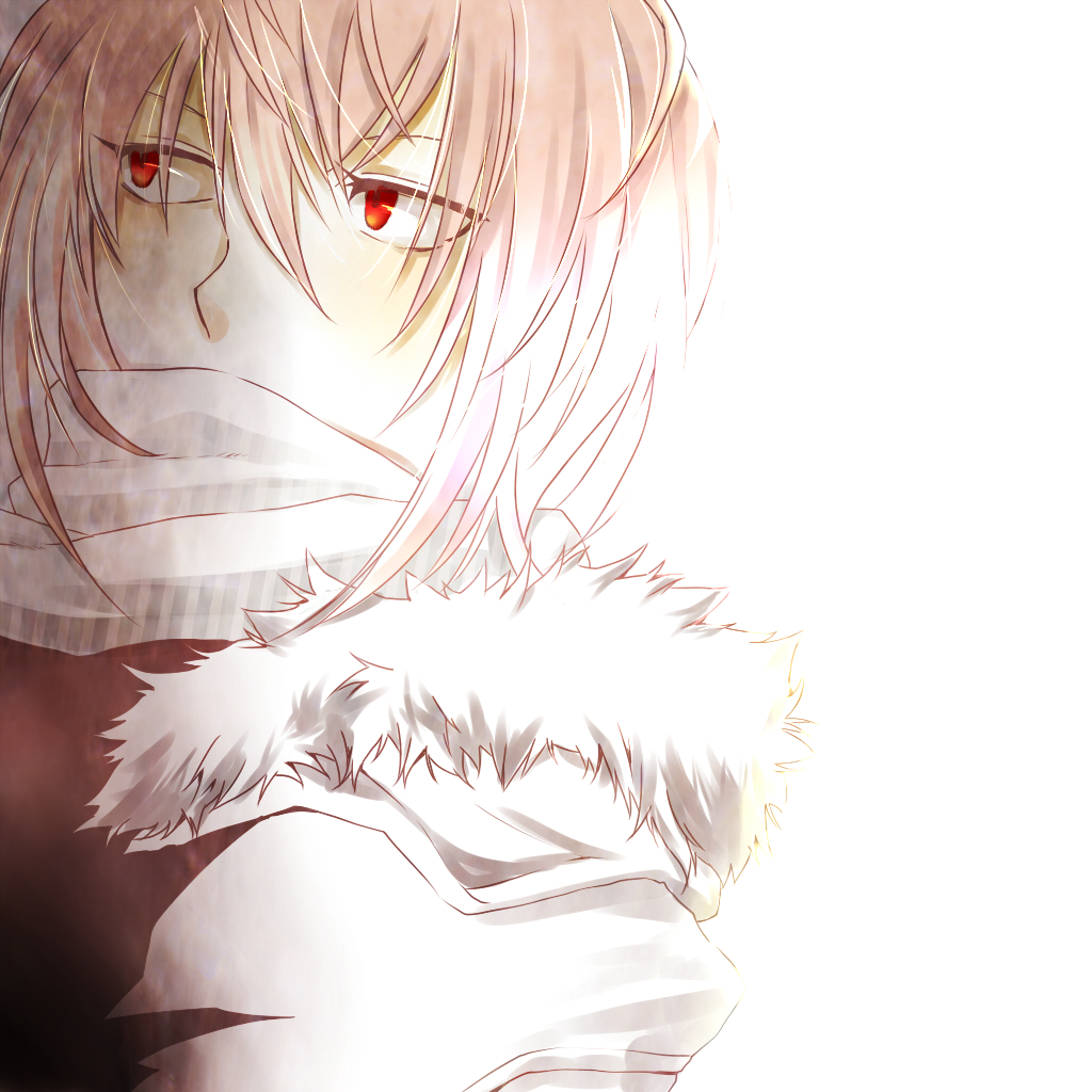 1boy, accelerator_(toaru_majutsu_no_index), albino, bad_id, bad_pixiv_id, fur_collar, jacket, male_focus, marina1217, red_eyes, scarf, short_hair, solo, striped_clothes, striped_scarf, toaru_majutsu_no_index, white_hair