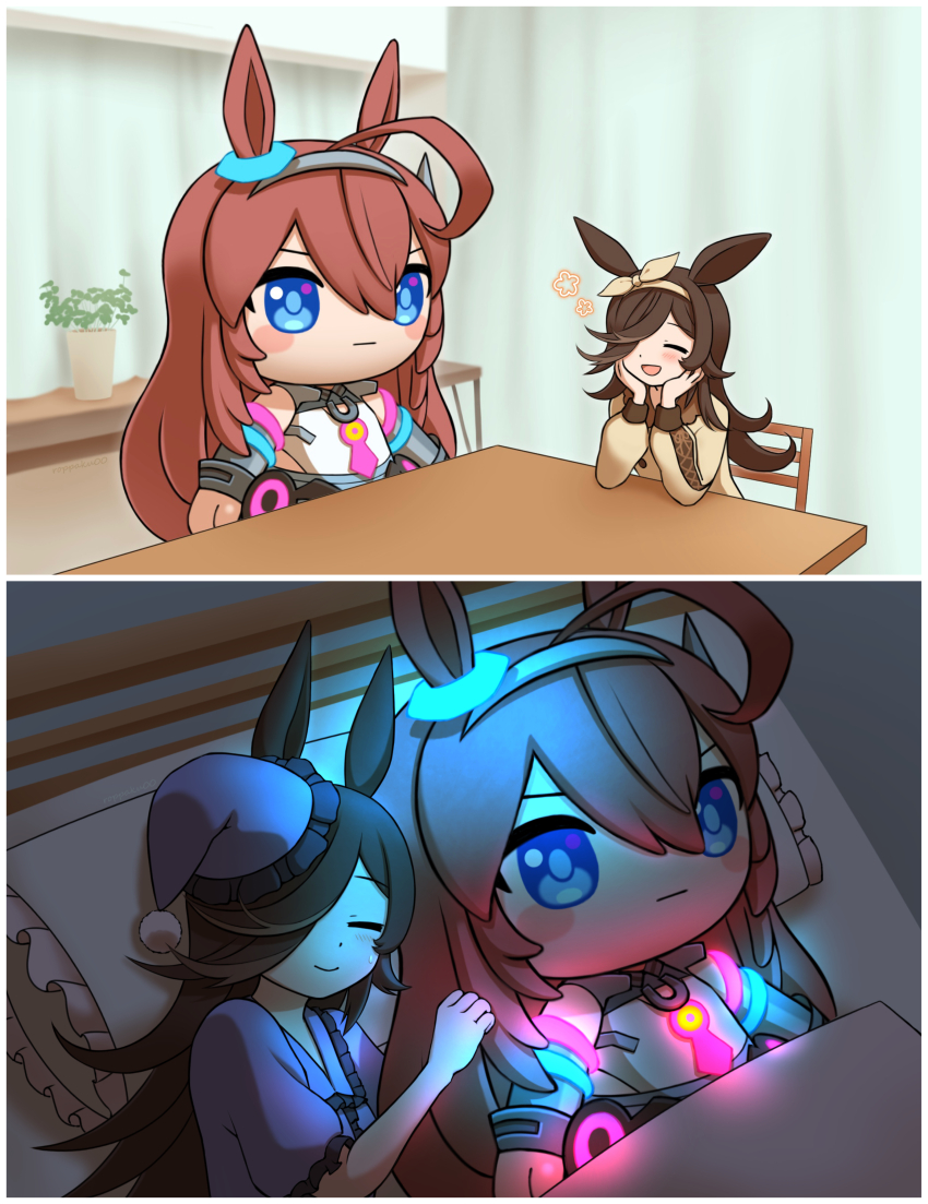 1girl, absurdres, ahoge, animal_ears, armlet, bed, blanket, blonde_hair, blush, blush_stickers, border, bow, brown_hair, brown_sweater, casual, character_doll, commentary_request, curtains, detached_sleeves, doll, doqute_doll_photoshoot_parody_(meme), doqute_stuffed_doll, duplicate, ear_ornament, glowing, grey_leotard, hat, head_rest, highres, horse_ears, horse_girl, indoors, jewelry, leotard, long_hair, meme, mihono_bourbon_(umamusume), necktie, nightcap, official_alternate_costume, on_bed, one_eye_closed, open_mouth, oversized_object, pajamas, pillow, pink_necktie, plant, pom_pom_(clothes), potted_plant, purple_headwear, purple_pajamas, rice_shower_(umamusume), roppaku, sitting, sleeping, smile, sweater, table, umamusume, white_border, white_bow