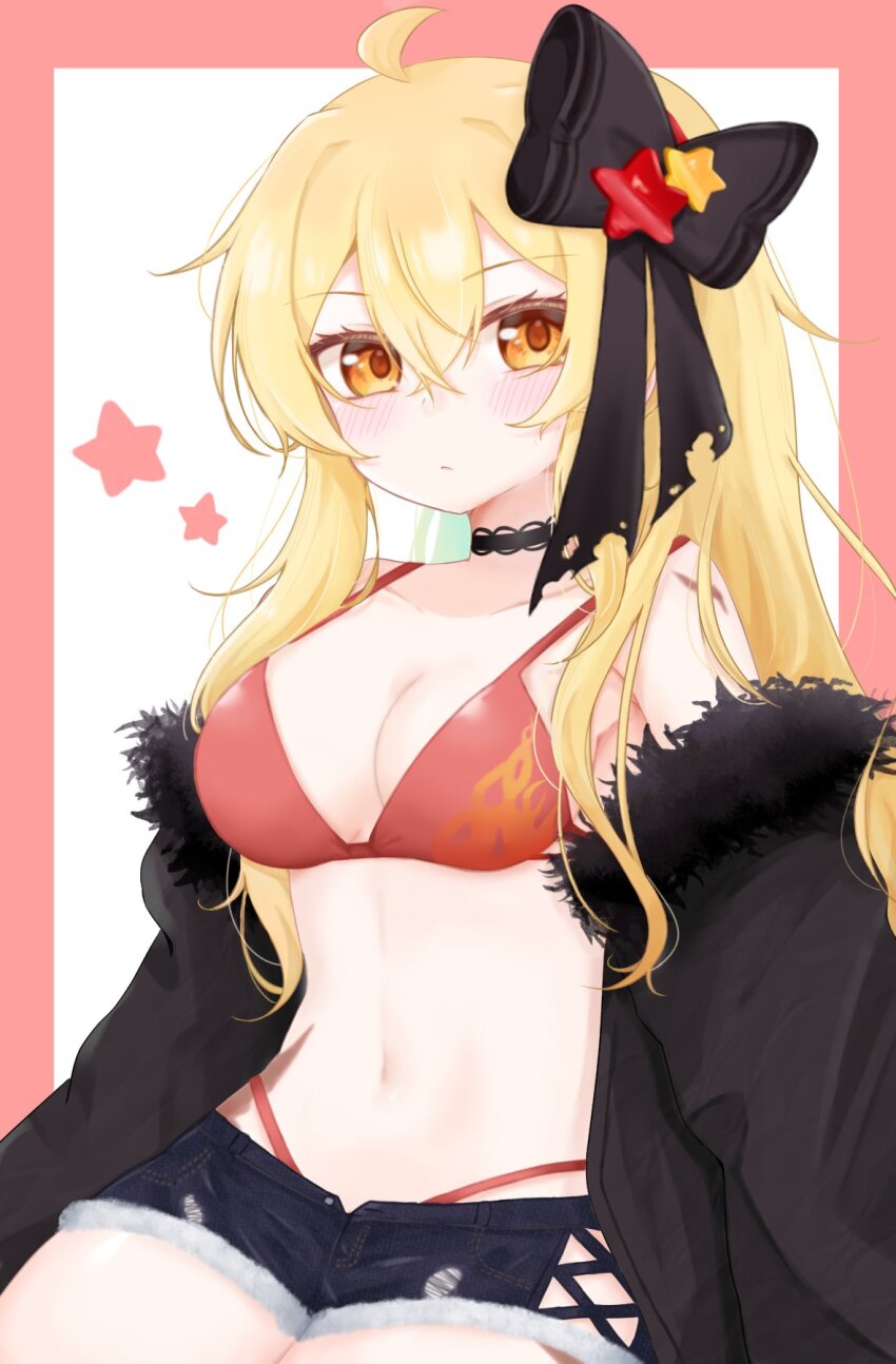 1girl, ahoge, bare_shoulders, bikini, black_bow, black_choker, black_jacket, blonde_hair