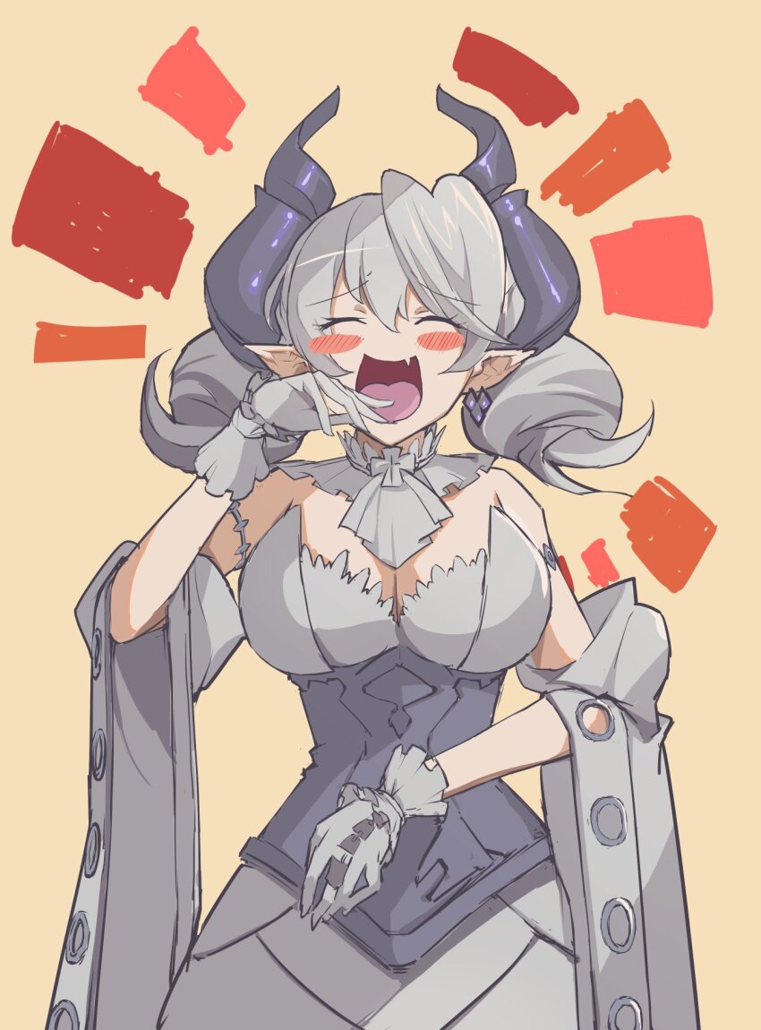1girl, blush, bodysuit, breasts, cleavage, demon_girl, demon_horns, dress, duel_monster, gloves, grey_eyes, grey_hair, highres, horns, large_breasts, leotard, leotard_under_clothes, looking_at_viewer, lovely_labrynth_of_the_silver_castle, mikami_may, ojou-sama_pose, pointy_ears, smile, solo, spread_cleavage, twintails, white_hair, white_horns, yu-gi-oh!