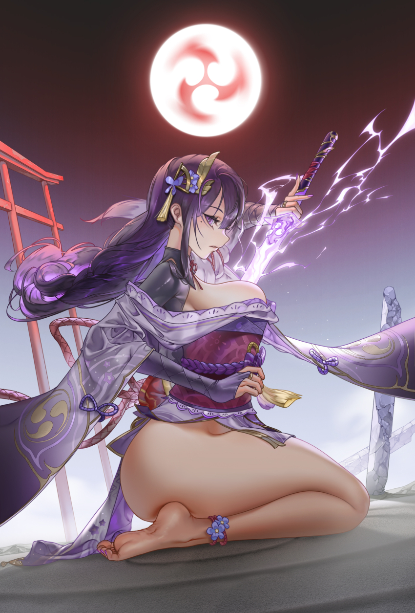 1girl, absurdres, ass, bare_legs, bottomless, braid, breasts, bridal_gauntlets, drawing_sword, electricity, genshin_impact, hair_ornament, highres, holding, holding_sword, holding_weapon, human_scabbard, japanese_clothes, kimono, koiswag, large_breasts, long_hair, long_sleeves, looking_at_viewer, low-braided_long_hair, low-tied_long_hair, mole, mole_under_eye, musou_isshin_(genshin_impact), no_panties, purple_eyes, purple_hair, raiden_shogun, sash, sideboob, solo, sword, tomoe_(symbol), very_long_hair, weapon