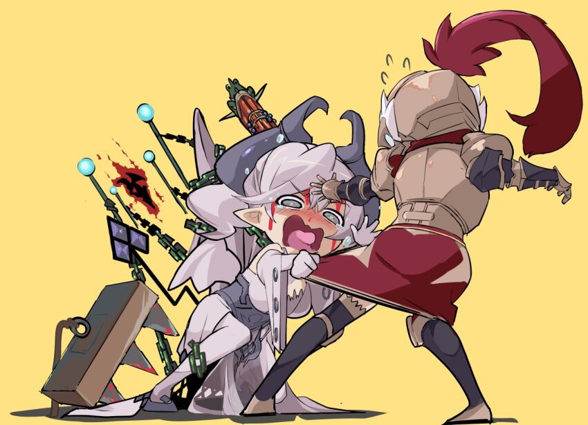 blood, blood_on_face, blush, breasts, cleavage, crying, crying_aqua_(meme), crying_with_eyes_open, demon_girl, demon_horns, demon_wings, dress, duel_monster, gloves, grey_eyes, grey_hair, holding, horns, knight_(yu-gi-oh!), large_breasts, leotard, leotard_under_clothes, lovely_labrynth_of_the_silver_castle, low_wings, meme, mikami_may, multiple_girls, multiple_wings, parody, pointy_ears, scene_reference, screaming, spread_cleavage, style_parody, tearing_up, tears, transparent_wings, twintails, wavy_mouth, weapon, white_hair, white_horns, wings, yu-gi-oh!