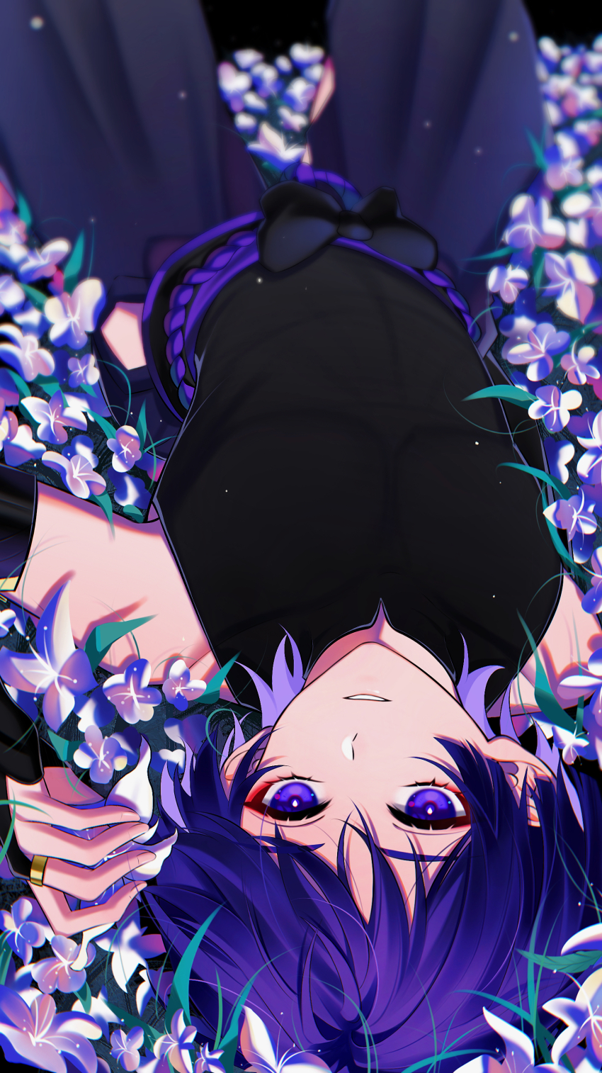 1boy, absurdres, black_bodysuit, black_shorts, bodysuit, flower, genshin_impact, hair_between_eyes