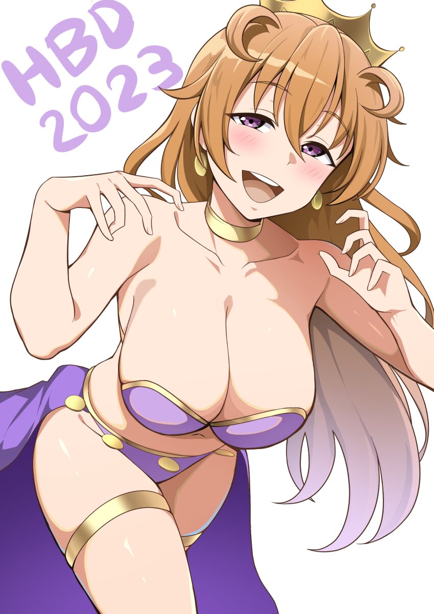 1girl, absurdres, arms_up, bare_shoulders, birthday, blush, breasts, brown_hair, butterfly_(love_live!), cleavage, collarbone, commentary, crown, earrings, hair_between_eyes, happy_birthday, harem_outfit, highres, jewelry, konoe_kanata, large_breasts, limelam06, long_hair, looking_at_viewer, love_live!, love_live!_nijigasaki_high_school_idol_club, midriff, navel, open_mouth, purple_eyes, purple_sarong, round_teeth, sarong, sidelocks, simple_background, skindentation, smile, solo, stomach, teeth, tongue, upper_teeth_only, wavy_hair, white_background