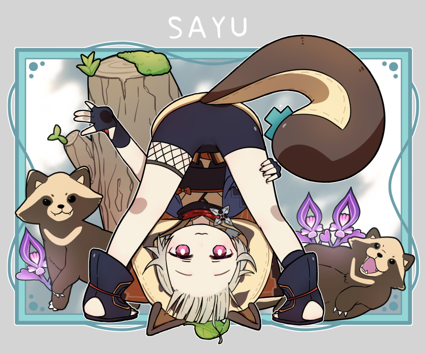 1girl, :3, absurdres, animal_ears, bent_over, black_sandals, black_sash, black_shorts, blue_jacket, blush, border, bow, bright_pupils, brown_kimono, character_name, closed_mouth, commentary_request, fake_animal_ears, fake_tail, fangs, fishnets, genshin_impact, grey_border, grey_hair, haori, highres, hood, hood_up, jacket, japanese_clothes, kimono, koka12312, leaf, leaf_on_head, looking_at_viewer, looking_through_own_legs, moss, naku_weed, obi, open_clothes, open_jacket, open_mouth, orange_bow, outside_border, plant, purple_eyes, raccoon_ears, raccoon_hood, raccoon_tail, sandals, sash, sayu_(genshin_impact), short_hair, short_shorts, short_sleeves, shorts, shuriken, sidelocks, smile, solo, standing, tail, tanuki, tree_stump, weapon, white_pupils
