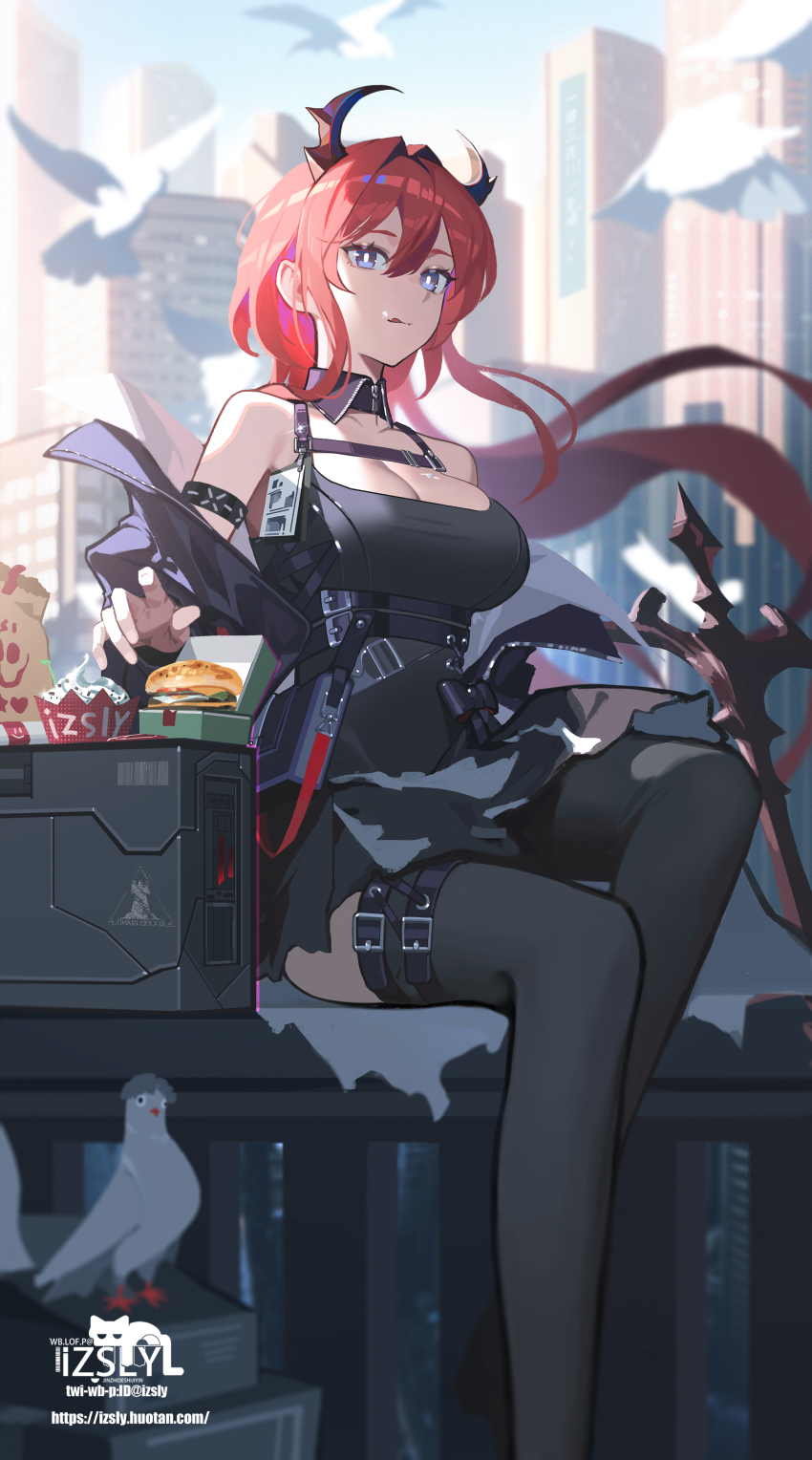 1girl, :p, absurdres, arknights, artist_name, bare_shoulders, black_dress, breasts