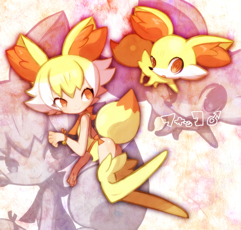 1boy, animal_ear_fluff, animal_ears, ascot, ass, blonde_hair, blush, bow, bracelet, character_name, closed_mouth, creature_and_personification, fennekin, fox_ears, fox_tail, from_side, gen_6_pokemon, jewelry, looking_to_the_side, makino_(c-electro), male_focus, nintendo, open_mouth, orange_ascot, orange_bow, orange_eyes, personification, pokemon, ringed_eyes, short_hair, smile, tail, thighhighs, trap, white_thighhighs, zoom_layer