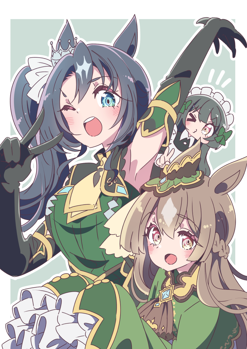 3girls, :d, ;d, animal_ears, armpits, ascot, black_gloves, black_hair