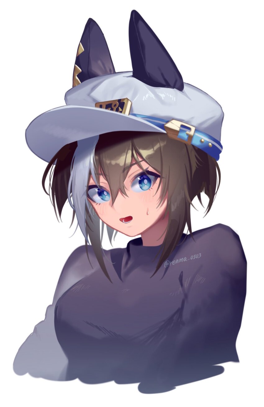 1girl, animal_ears, blue_eyes, blush, breasts, brown_hair, casual, cheval_grand_(umamusume)