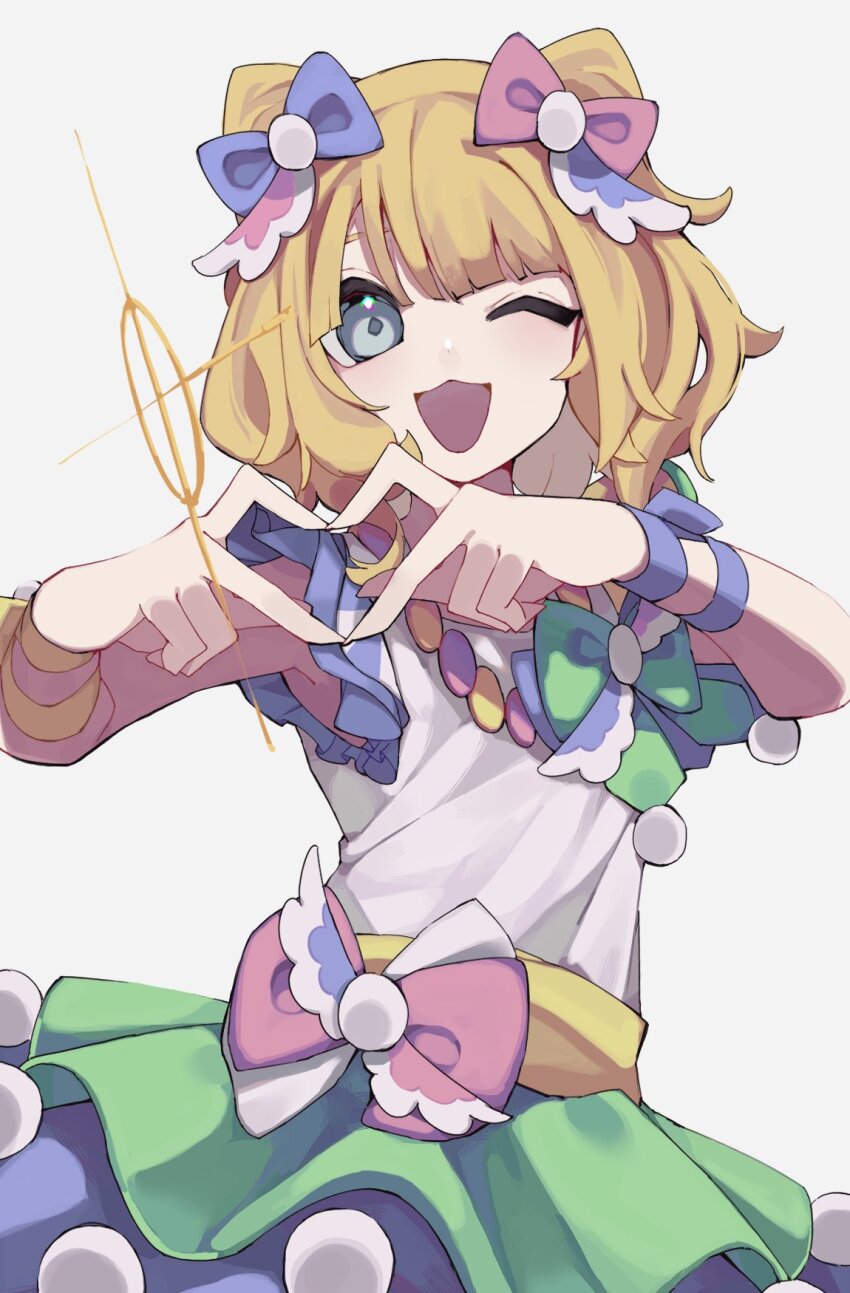 1girl, ;d, asa_(o0_asa_0o), blonde_hair, blue_bow, blue_eyes, blunt_bangs, bow