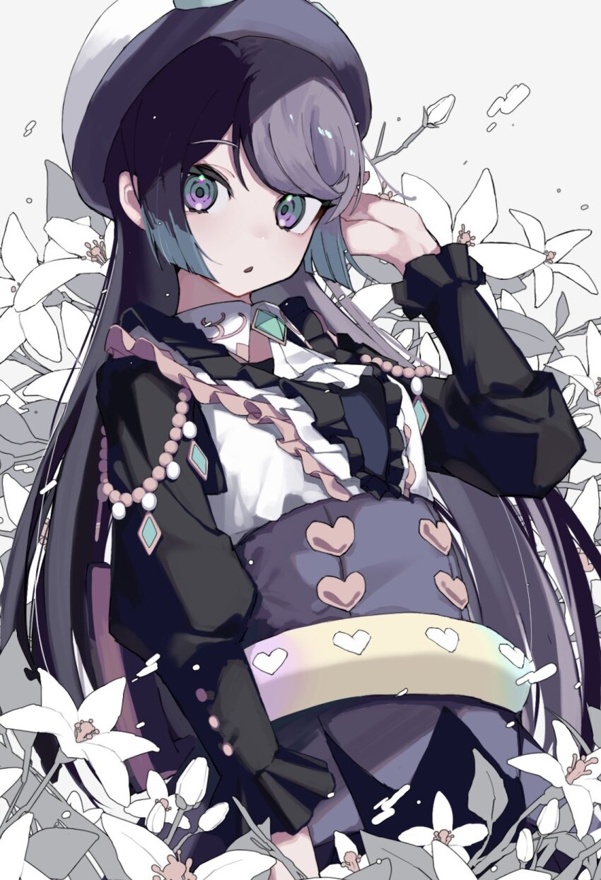 1girl, adjusting_hair, asa_(o0_asa_0o), beret, black_hair, black_shirt, brooch, carron_(pretty_series)